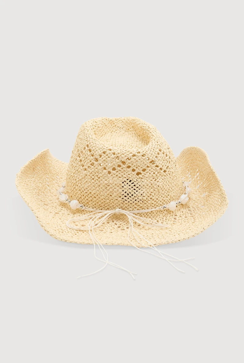 Womens Beaded Trim Straw Cowboy Hat,