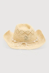 Womens Beaded Trim Straw Cowboy Hat,