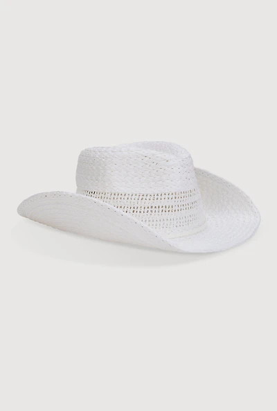 Womens Beaded Toggle Drawstring Straw Cowboy Hat, White