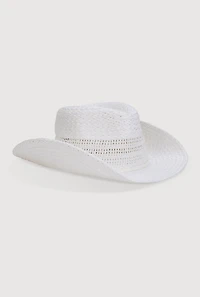 Womens Beaded Toggle Drawstring Straw Cowboy Hat, White