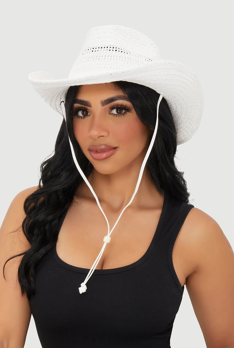 Womens Beaded Toggle Drawstring Straw Cowboy Hat, White