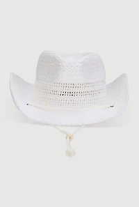 Womens Beaded Toggle Drawstring Straw Cowboy Hat, White