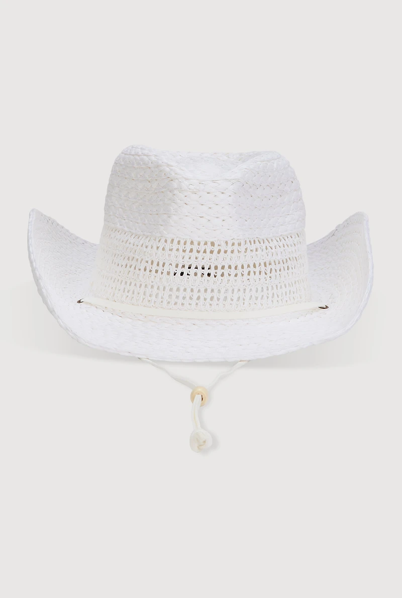 Womens Beaded Toggle Drawstring Straw Cowboy Hat, White