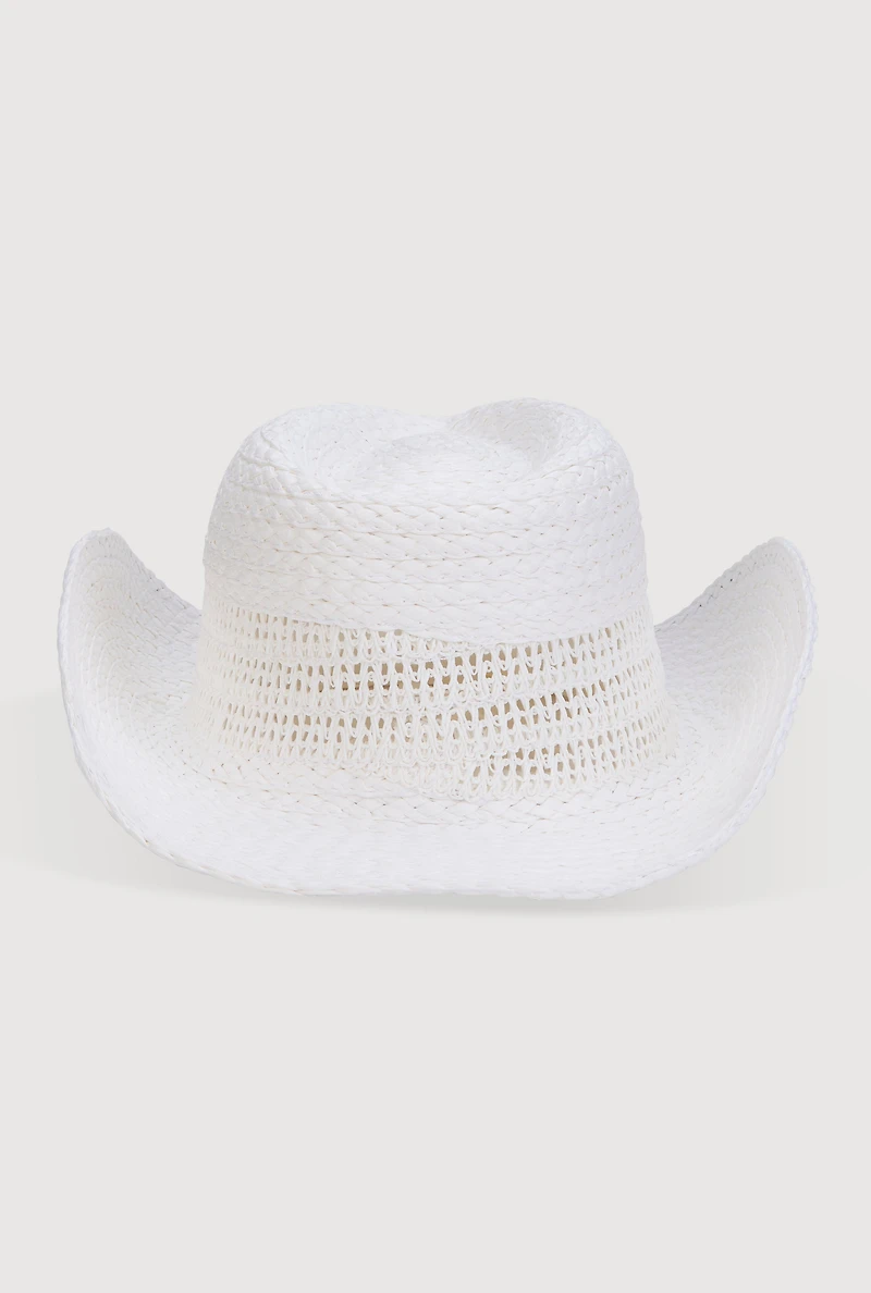 Womens Beaded Toggle Drawstring Straw Cowboy Hat, White