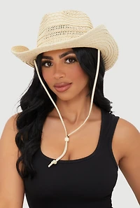 Womens Beaded Toggle Drawstring Straw Cowboy Hat, Beige