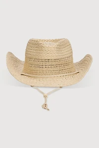 Womens Beaded Toggle Drawstring Straw Cowboy Hat, Beige
