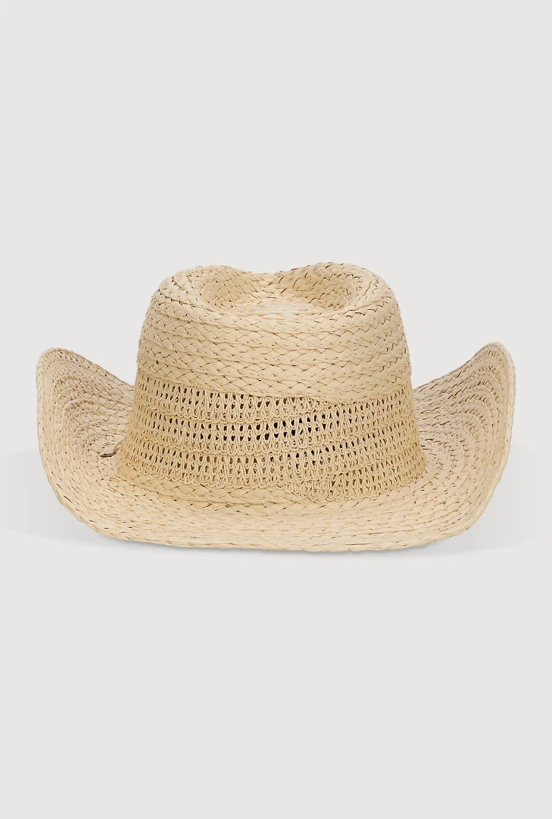 Womens Beaded Toggle Drawstring Straw Cowboy Hat, Beige