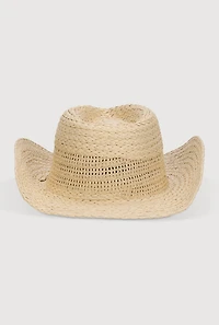 Womens Beaded Toggle Drawstring Straw Cowboy Hat, Beige