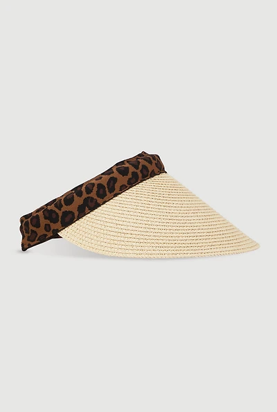 Womens Straw Visor with Leopard Print Band, Beige