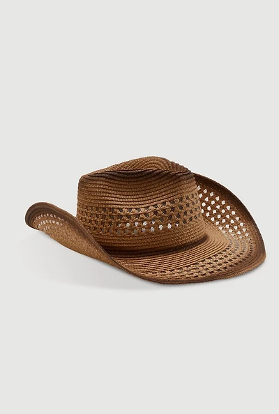 Womens Ombre Beaded Toggle Chin Strap Straw Cowboy Hat, Brown