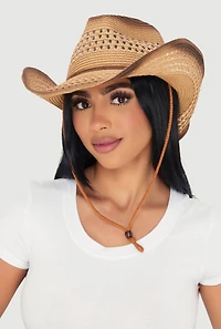 Womens Ombre Beaded Toggle Chin Strap Straw Cowboy Hat, Brown