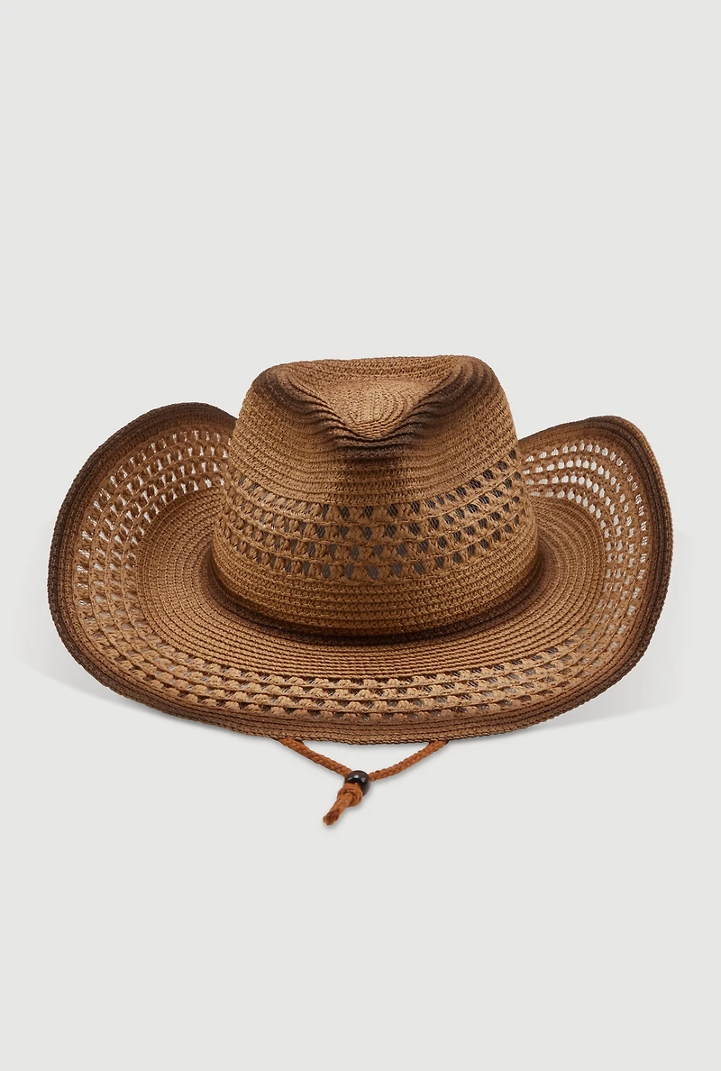 Womens Ombre Beaded Toggle Chin Strap Straw Cowboy Hat, Brown