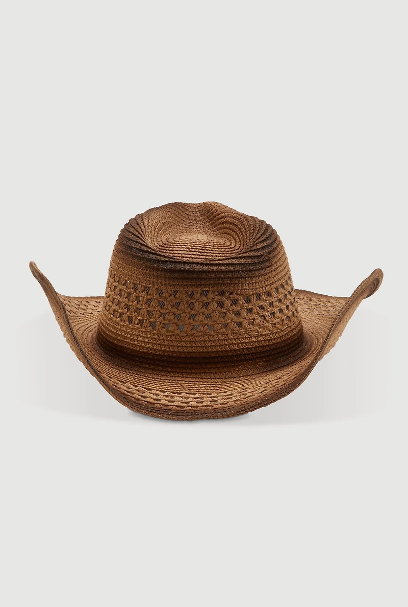 Womens Ombre Beaded Toggle Chin Strap Straw Cowboy Hat, Brown
