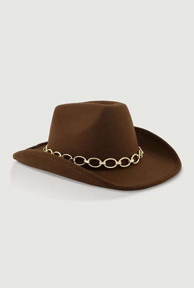 Womens Felt Metallic Chain Trim Cowboy Hat, Brown