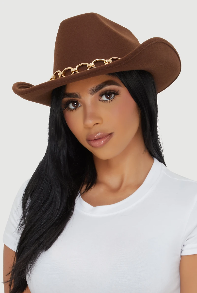 Womens Felt Metallic Chain Trim Cowboy Hat, Brown