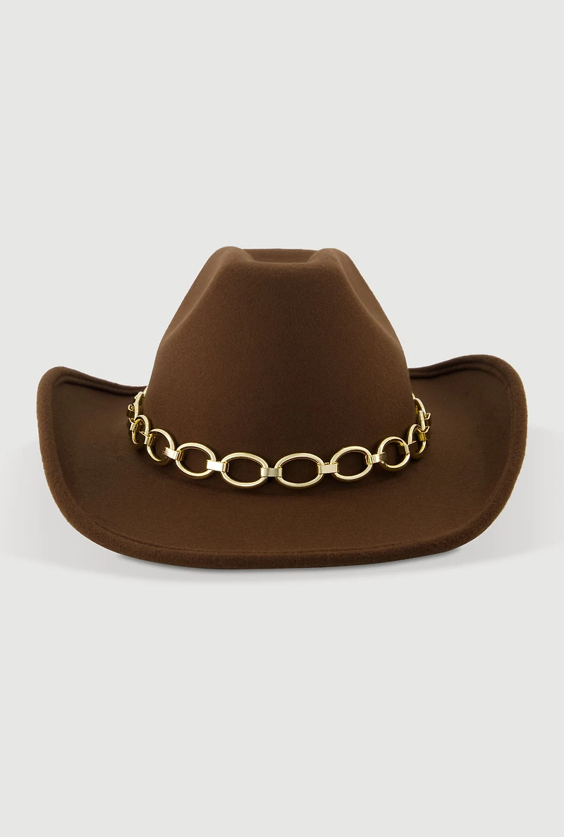 Womens Felt Metallic Chain Trim Cowboy Hat, Brown