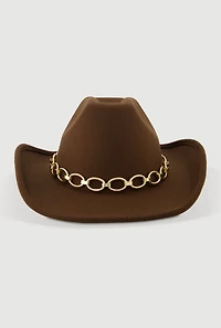 Womens Felt Metallic Chain Trim Cowboy Hat, Brown