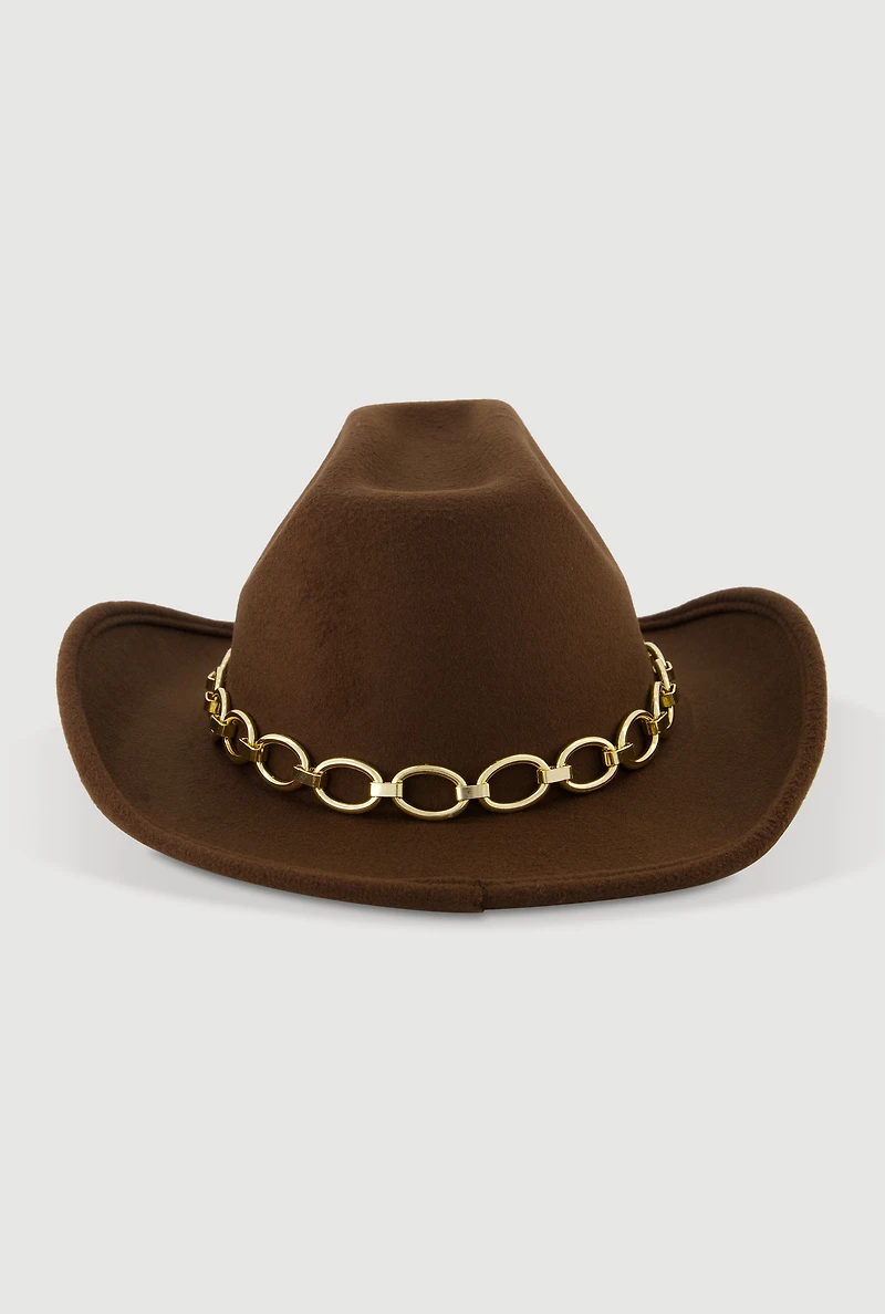 Womens Felt Metallic Chain Trim Cowboy Hat, Brown
