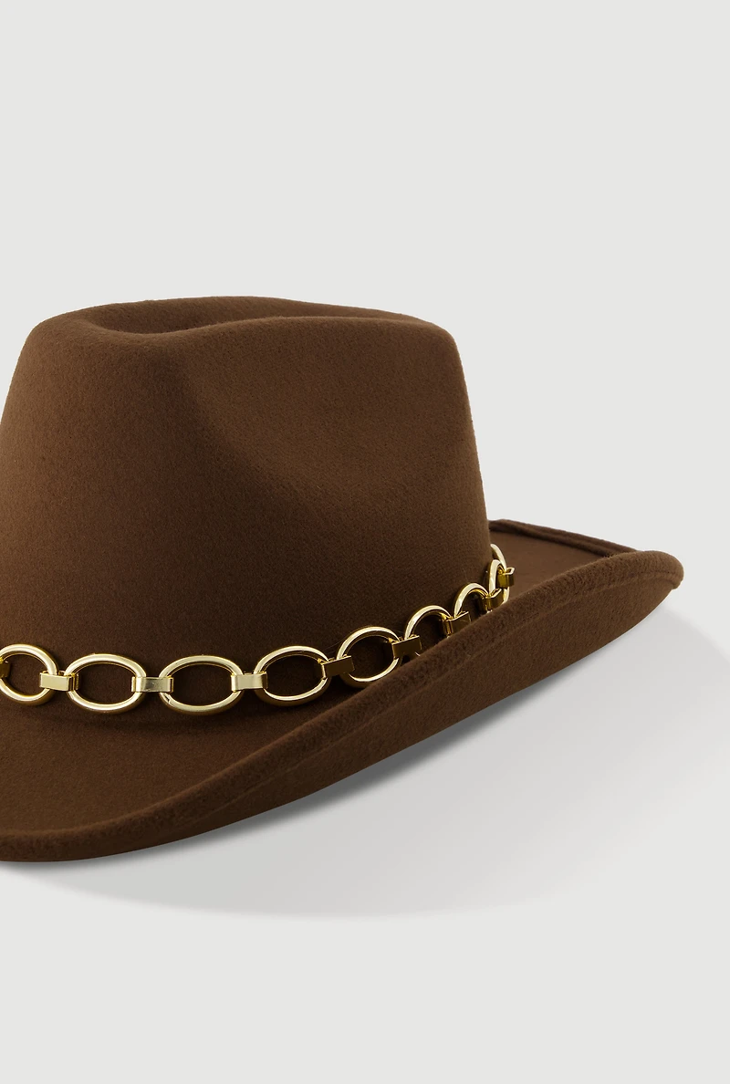 Womens Felt Metallic Chain Trim Cowboy Hat, Brown