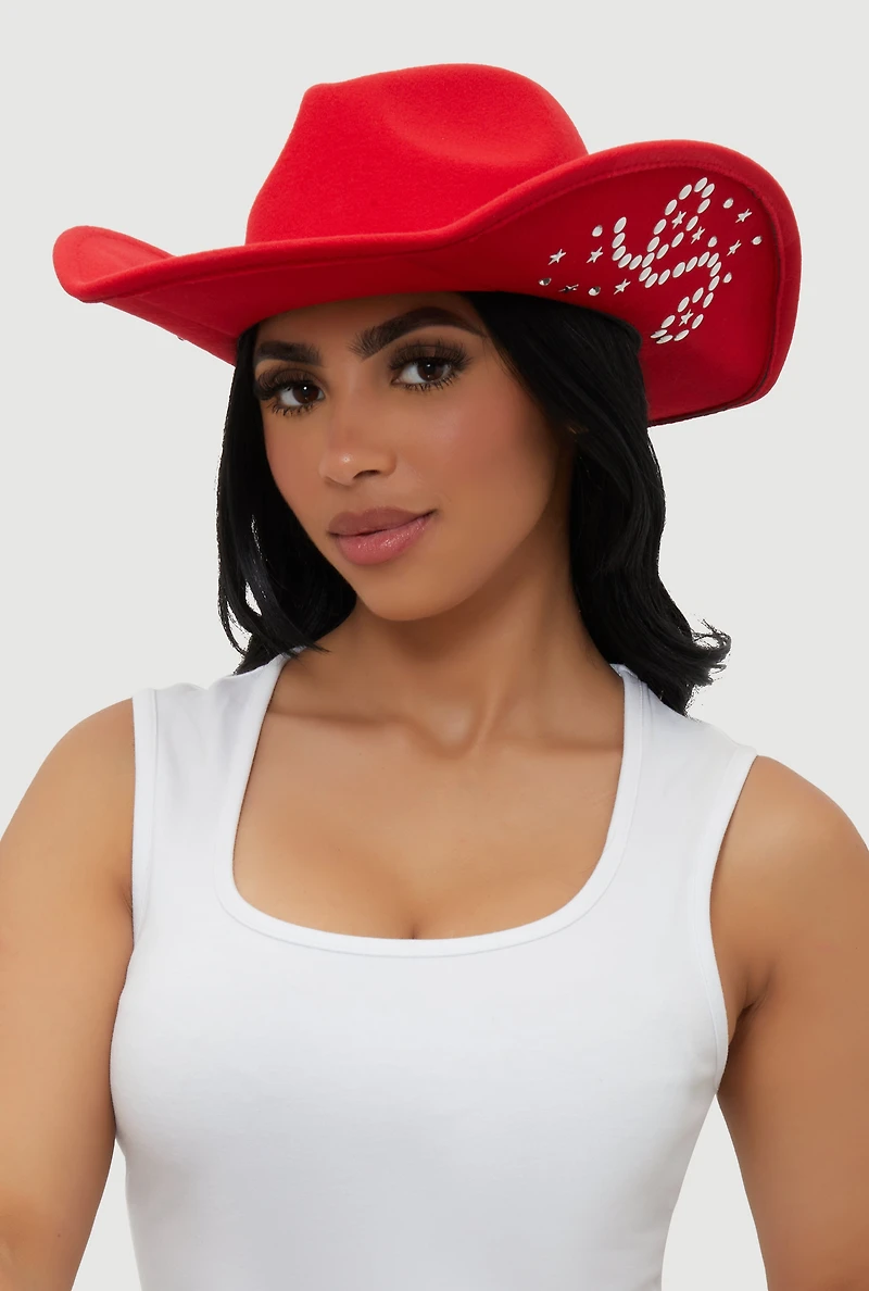 Womens Star Studded Rhinestone Detail Cowboy Hat, Red