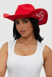 Womens Star Studded Rhinestone Detail Cowboy Hat, Red