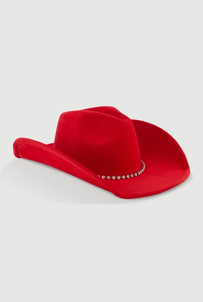 Womens Faux Suede Rhinestone Trim Cowboy Hat, Red