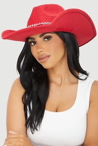 Womens Faux Suede Rhinestone Trim Cowboy Hat, Red