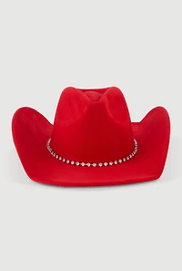 Womens Faux Suede Rhinestone Trim Cowboy Hat, Red