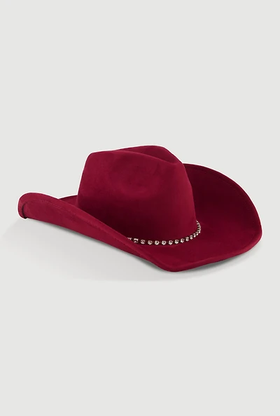 Womens Faux Suede Rhinestone Trim Cowboy Hat, Burgundy
