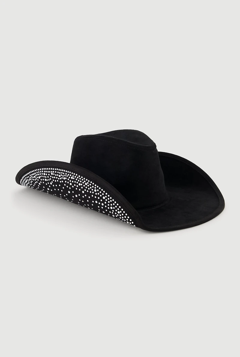 Faux Suede Rhinestone Brim Cowboy Hat
