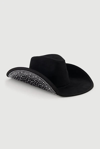 Faux Suede Rhinestone Brim Cowboy Hat