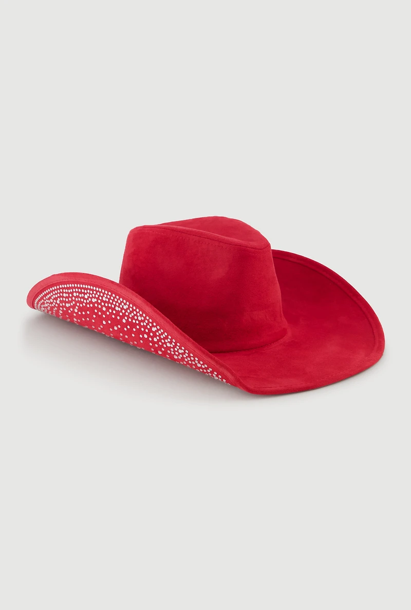 Faux Suede Rhinestone Brim Cowboy Hat