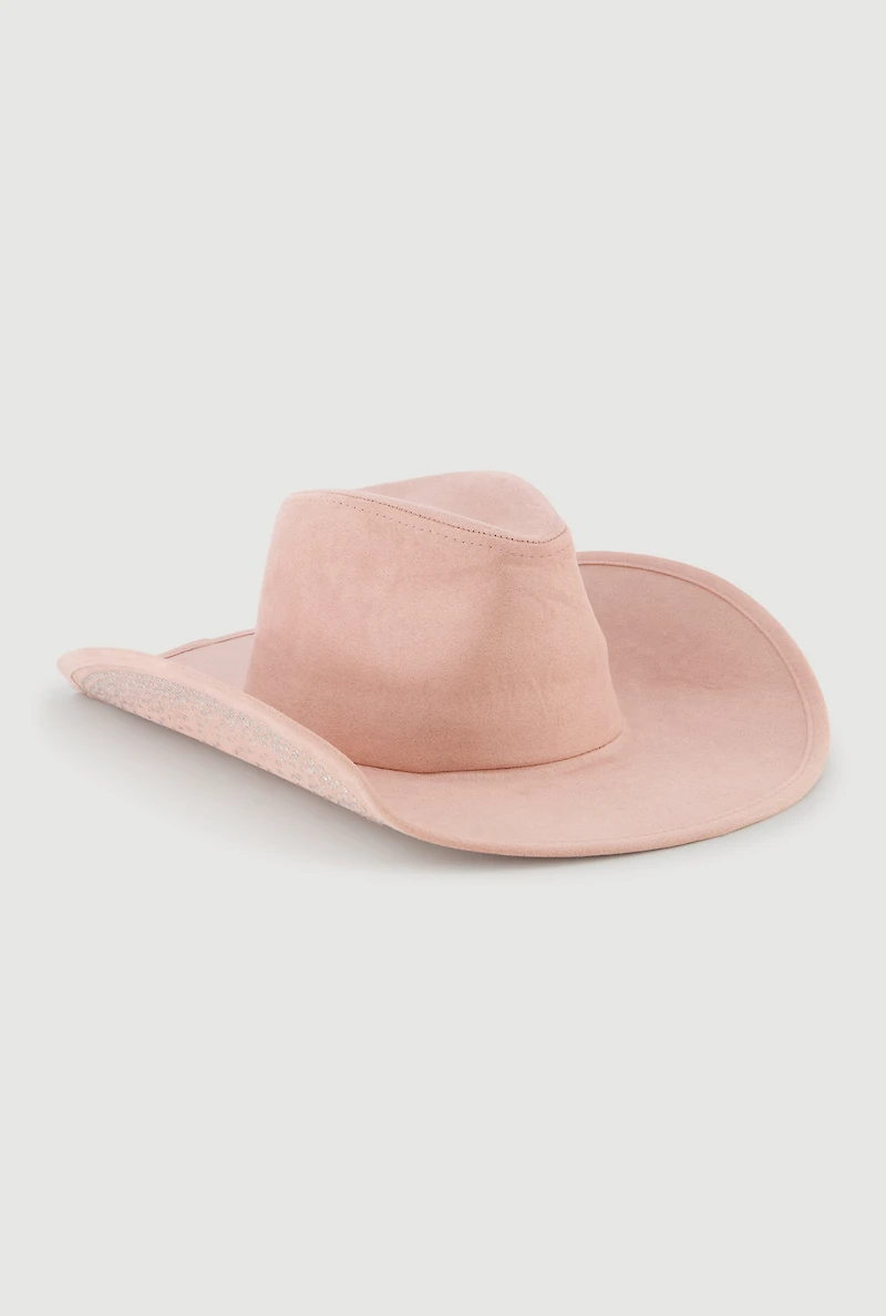 Faux Suede Rhinestone Brim Cowboy Hat