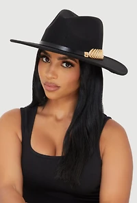 Womens Metallic Fern Detail Belted Trim Panama Hat, Black