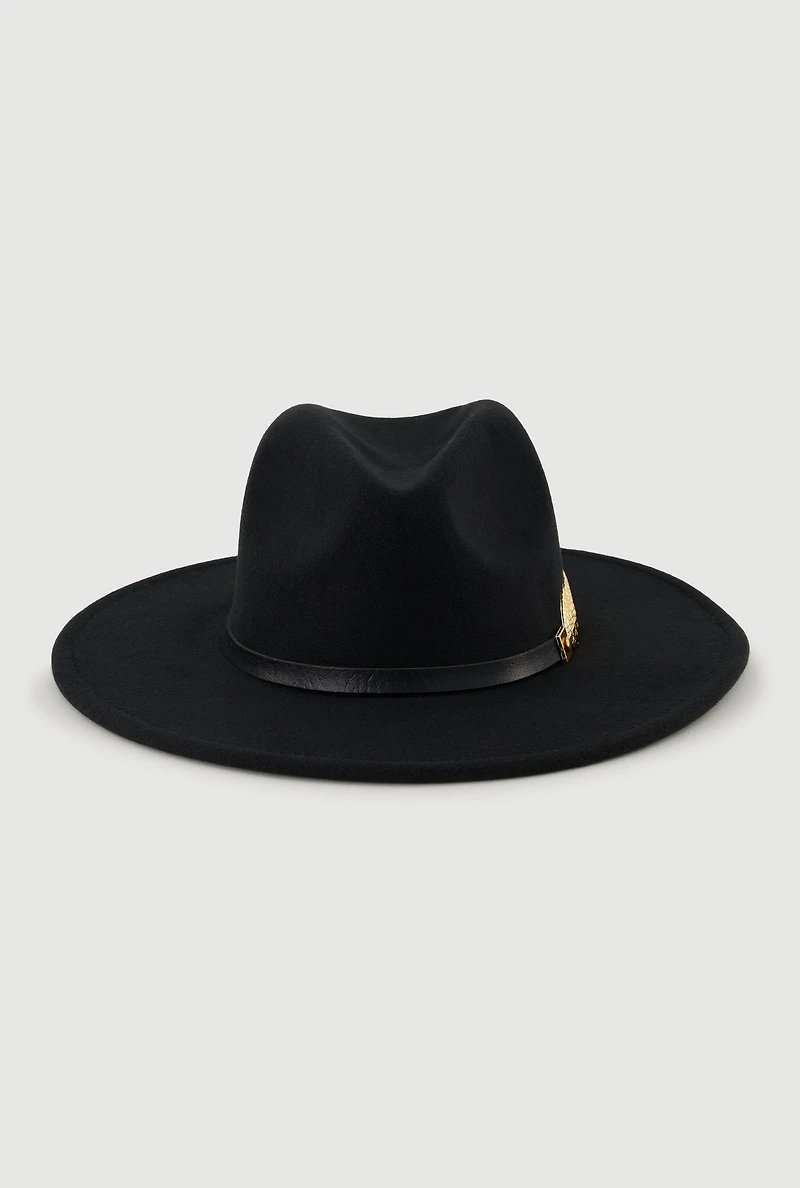 Womens Metallic Fern Detail Belted Trim Panama Hat, Black