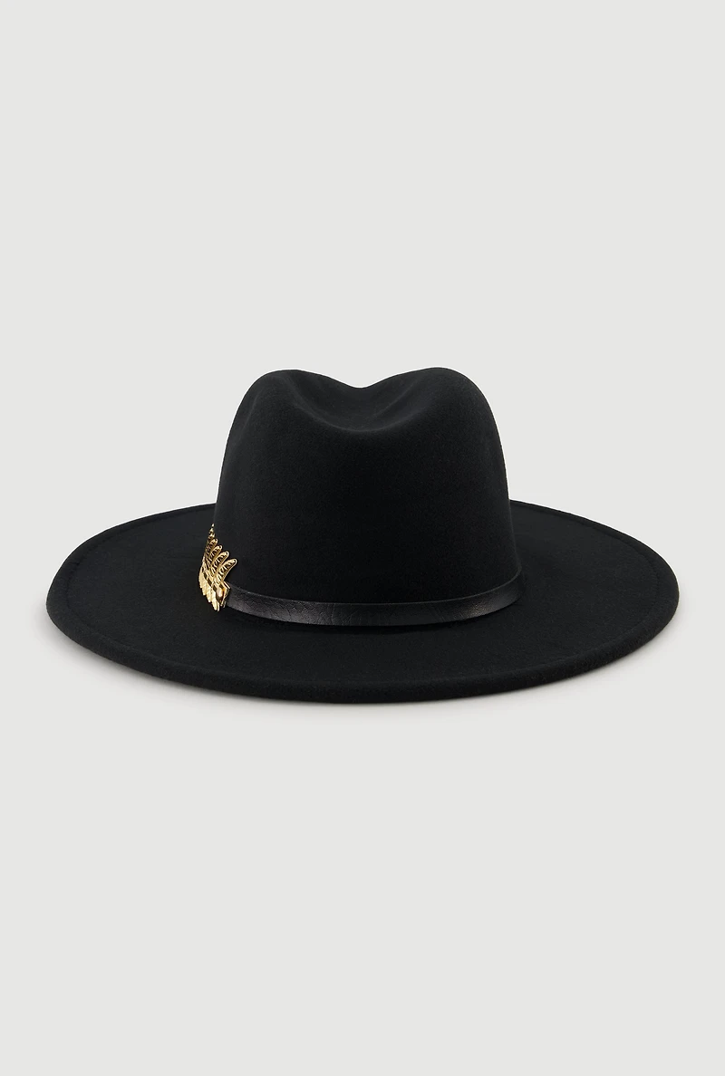 Womens Metallic Fern Detail Belted Trim Panama Hat, Black