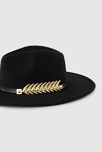 Womens Metallic Fern Detail Belted Trim Panama Hat, Black