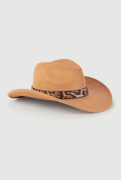 Womens Leopard Print Trim Cowboy Hat, Brown