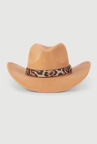 Womens Leopard Print Trim Cowboy Hat, Brown