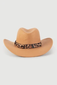 Womens Leopard Print Trim Cowboy Hat, Brown