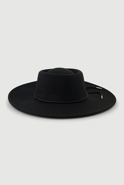 Womens Faux Suede Braided Cord Detail Panama Hat, Black