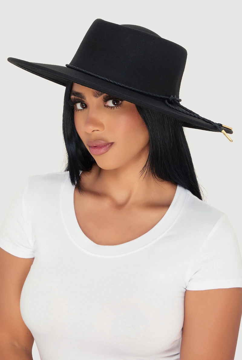Womens Faux Suede Braided Cord Detail Panama Hat, Black