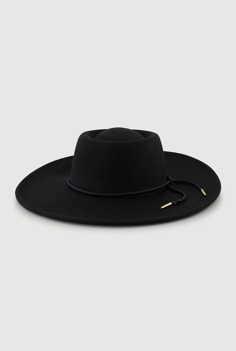 Womens Faux Suede Braided Cord Detail Panama Hat, Black