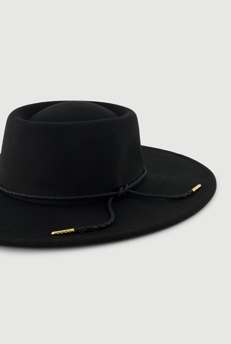 Womens Faux Suede Braided Cord Detail Panama Hat, Black
