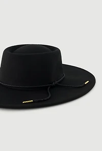 Womens Faux Suede Braided Cord Detail Panama Hat, Black
