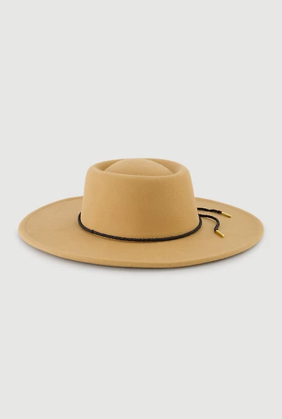 Womens Faux Suede Braided Cord Detail Panama Hat, Beige