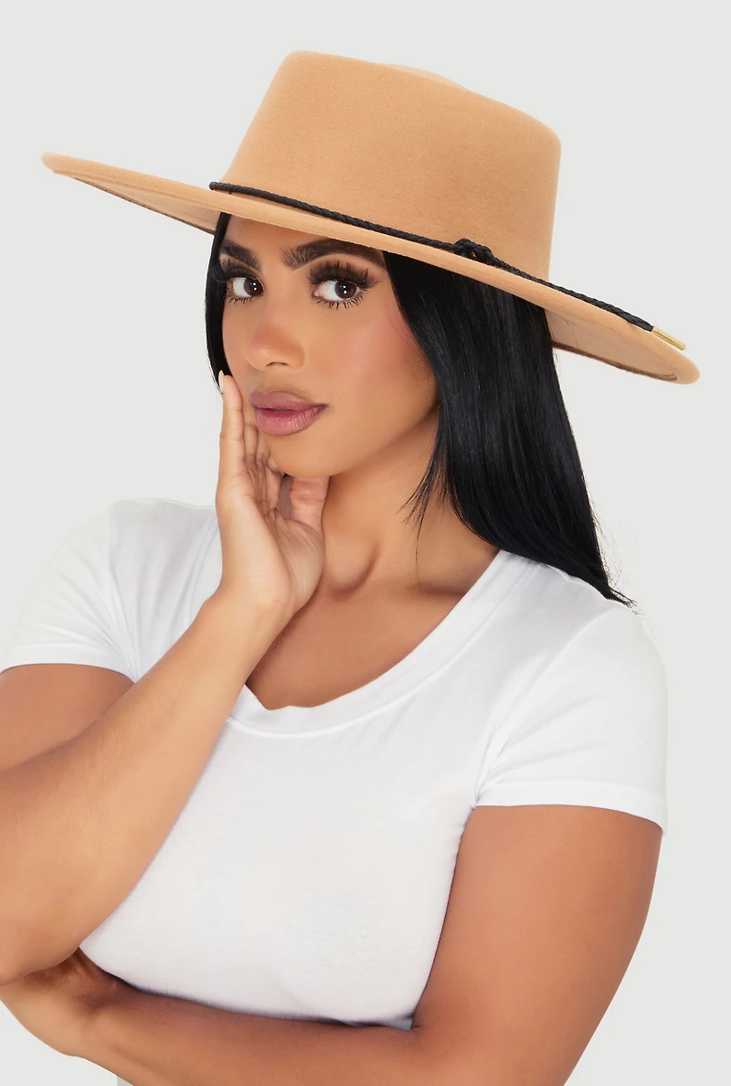 Womens Faux Suede Braided Cord Detail Panama Hat, Beige