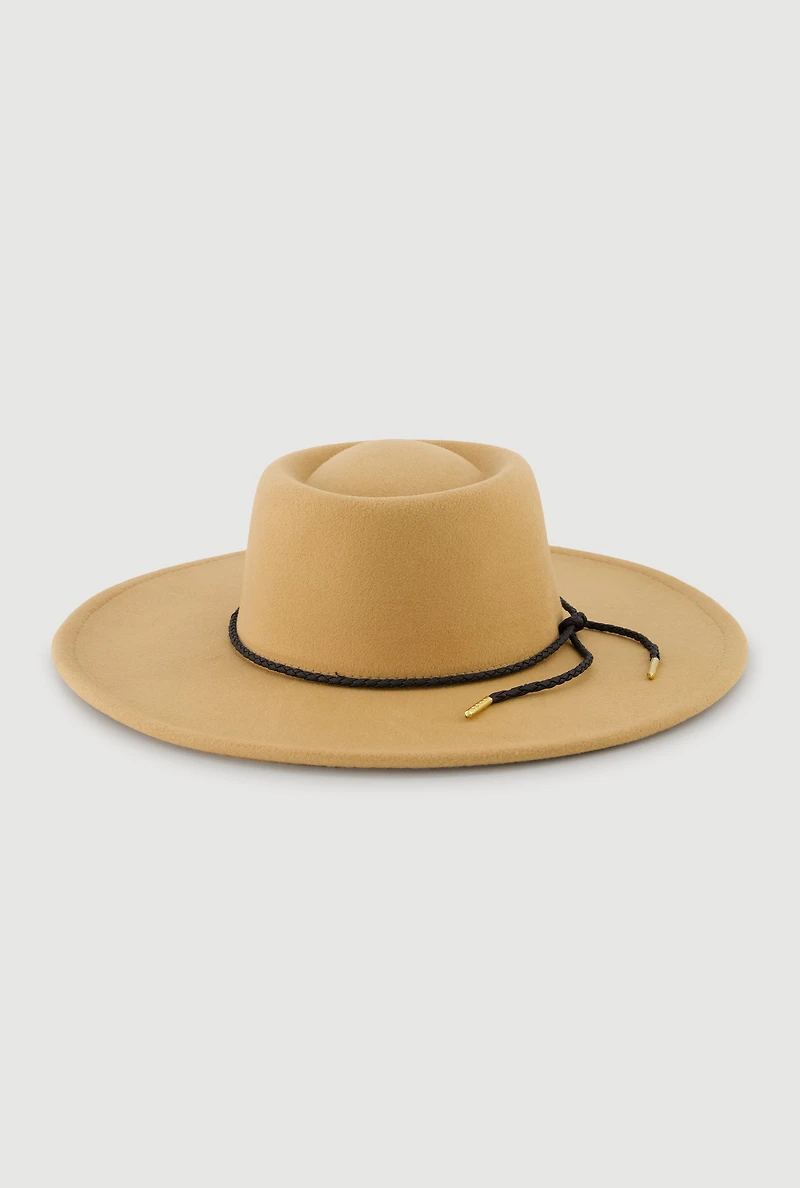Womens Faux Suede Braided Cord Detail Panama Hat, Beige