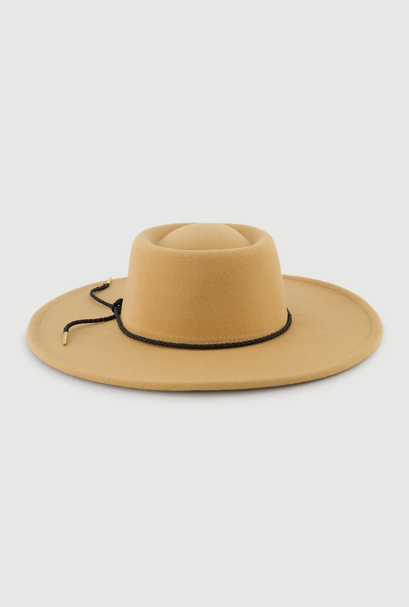 Womens Faux Suede Braided Cord Detail Panama Hat, Beige