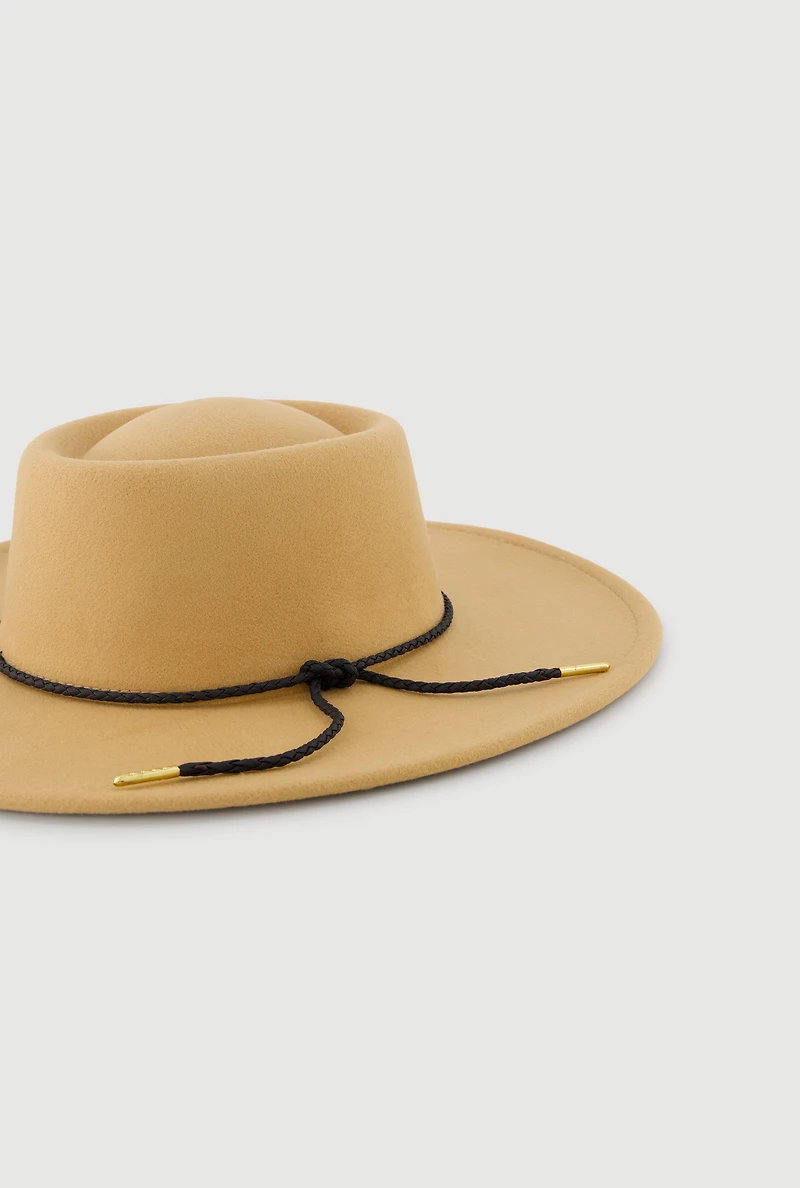 Womens Faux Suede Braided Cord Detail Panama Hat, Beige